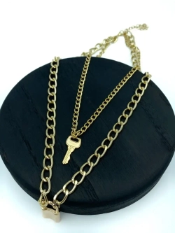 Крупная широкая двойная цепочка с подвесками Ключик и Замок