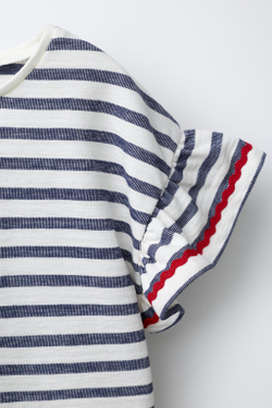 ZARA ФУТБОЛКА ИЗ ТКАНИ В ПОЛОСКУ С ВОЛАНОМ И ВОЛНИСТОЙ ОТДЕЛКОЙ, МОРСКОЙ СИНИЙ