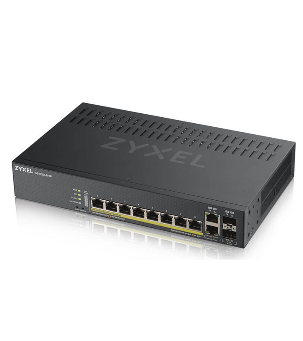 Smart L2 коммутатор PoE+ Zyxel NebulaFlex GS1920-8HPv2, 8xGE PoE+, 2xCombo (SFP/RJ-45), бесшумный (без вентилятора), бюджет PoE 130 Вт