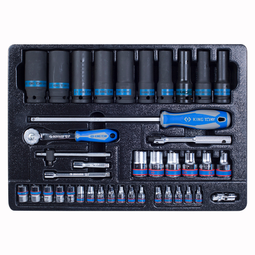 KING TONY (9-7540MR) Набор ударных головок 1/2" и торцевых головок 1/4" с принадлежностями, ложемент, 40 предметов
