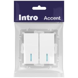 Выключатель Intro Accent 6-105-01М двойной с подсветкой, 10А-250В, IP20, СУ, AL/CU, белый матовый