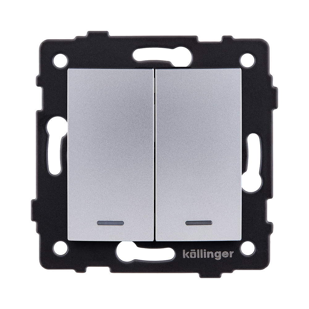 Выключатель 2-клавишный 10А/250В с LED подсветкой, изогнутый, серый Kollinger REA-R-008GY для Aspekt, Eleganz, Reflex
