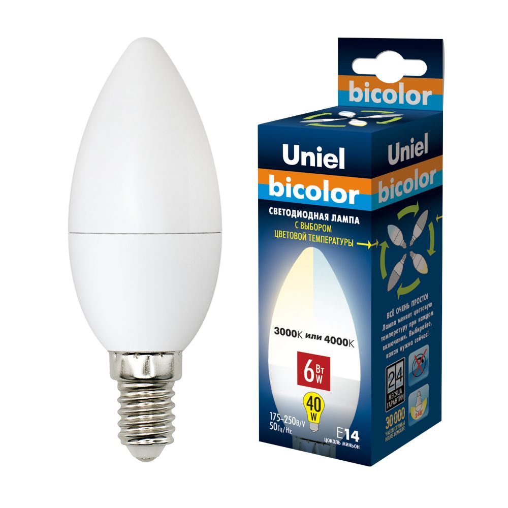 LED-C37-6W-WW+NW-E14-FR PLB01WH Лампа светодиодная. Форма свеча. матовая. Серия Bicolor. Теплый белый свет Белый свет. Картон. ТМ Uniel.