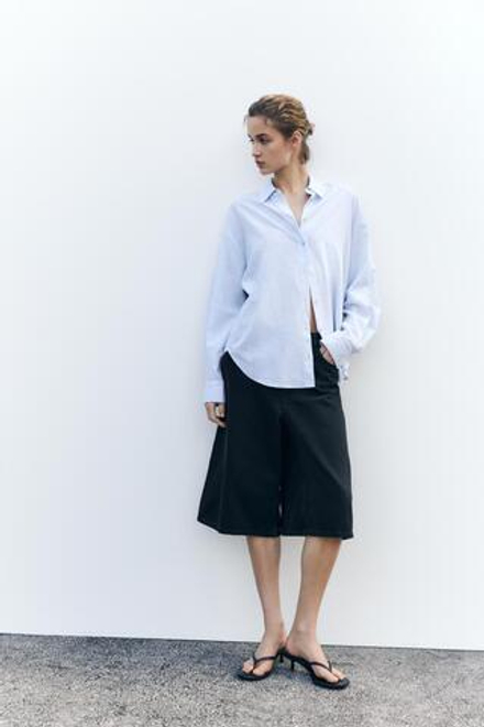 ZARA РУБАШКА ОВЕРСАЙЗ ИЗ СМЕСОВОГО ЛЬНА, СИНИЙ/БЕЛЫЙ
