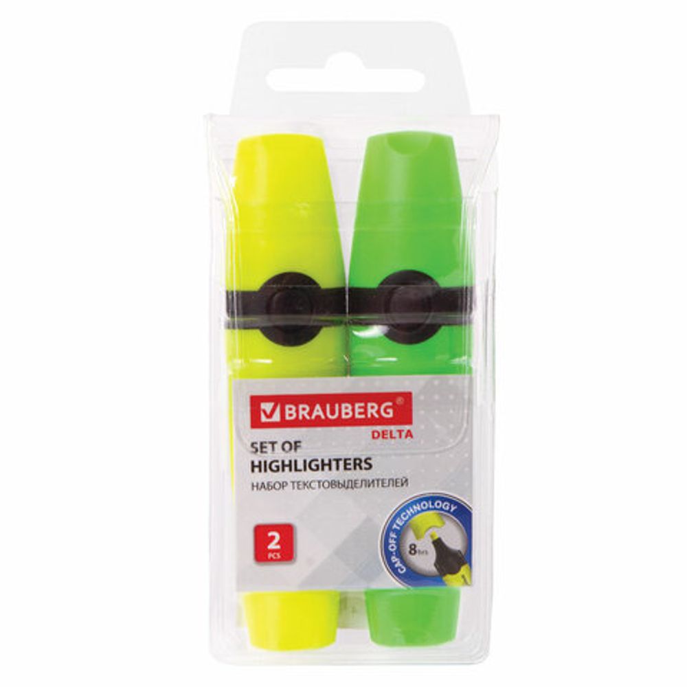 Набор текстовыделителей BRAUBERG 2 шт., ЖЕЛТЫЙ/ЗЕЛЕНЫЙ, "DELTA", линия 1-5 мм, 151725