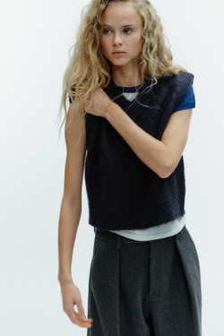 ZARA ЖИЛЕТ ИЗ ШЕРСТИ И АЛЬПАКИ С ПОГОНАМИ, МОРСКОЙ СИНИЙ