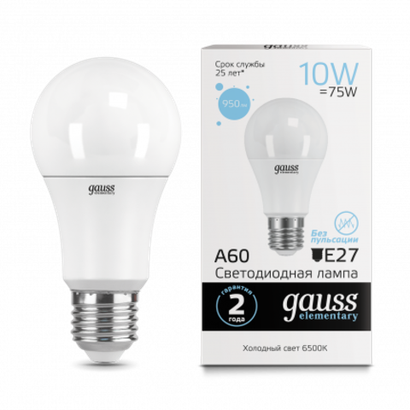 Лампа Gauss Elementary A60 10W 950lm 6500K Е27 LED 1/10/50