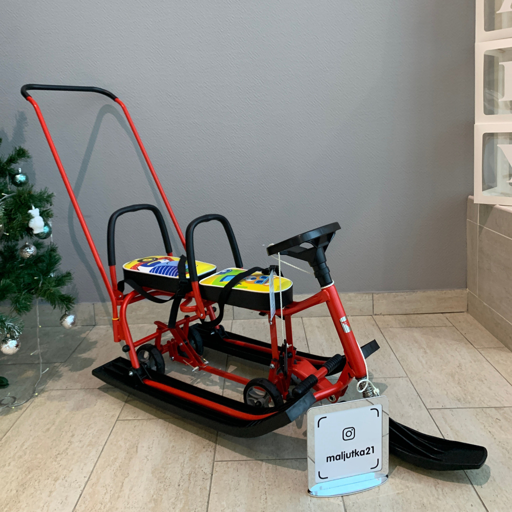 Снегокат 507 высокий SNOWKAT TWINS BABY Wheel для двоих, с 2 склад спинк. П-обр толк. колёса Слоник