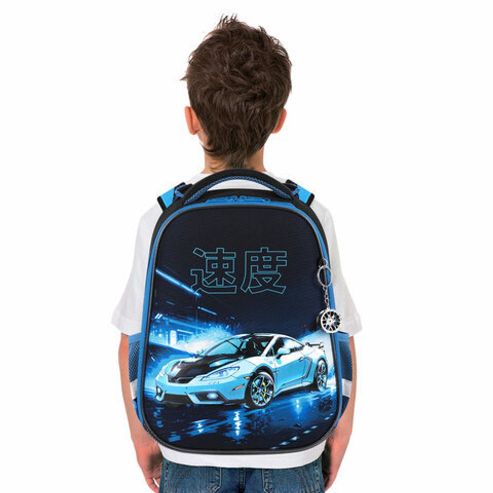 Ранец BRAUBERG PREMIUM, 2 отделения, с брелоком, "Night race", 3D-панель, 38х29х16 см, 272014