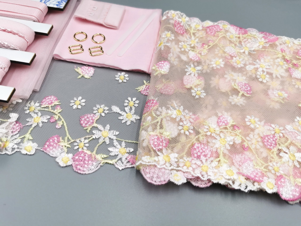 Набор 2А. Бюстгальтер на косточках с мягкими чашками и трусики (кружевной/вышивка на сетке), земляника на прозрачном фоне