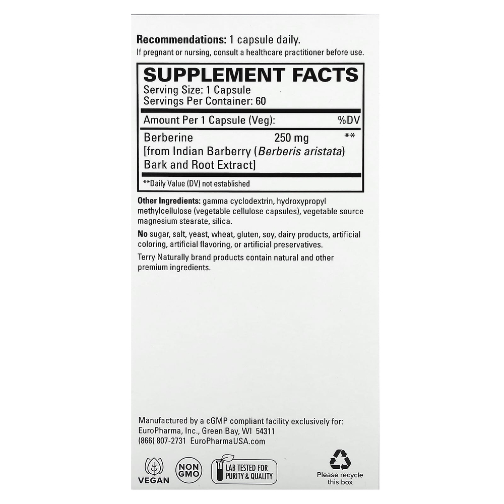 Terry Naturally, берберин MetX, 60 капсул (250 мг в 1 капсуле)