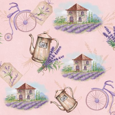Лаванда, чайник, ретро-велосипед и пейзаж с домом на нежно-розовом фоне. Узор в стиле прованс.