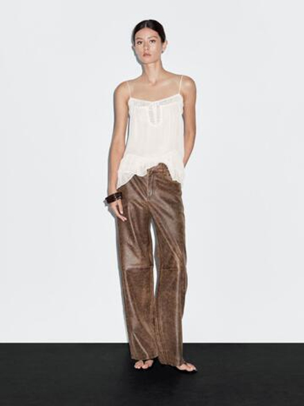 Massimo Dutti Брюки из кожи наппа с эффектом потертости, коричневый