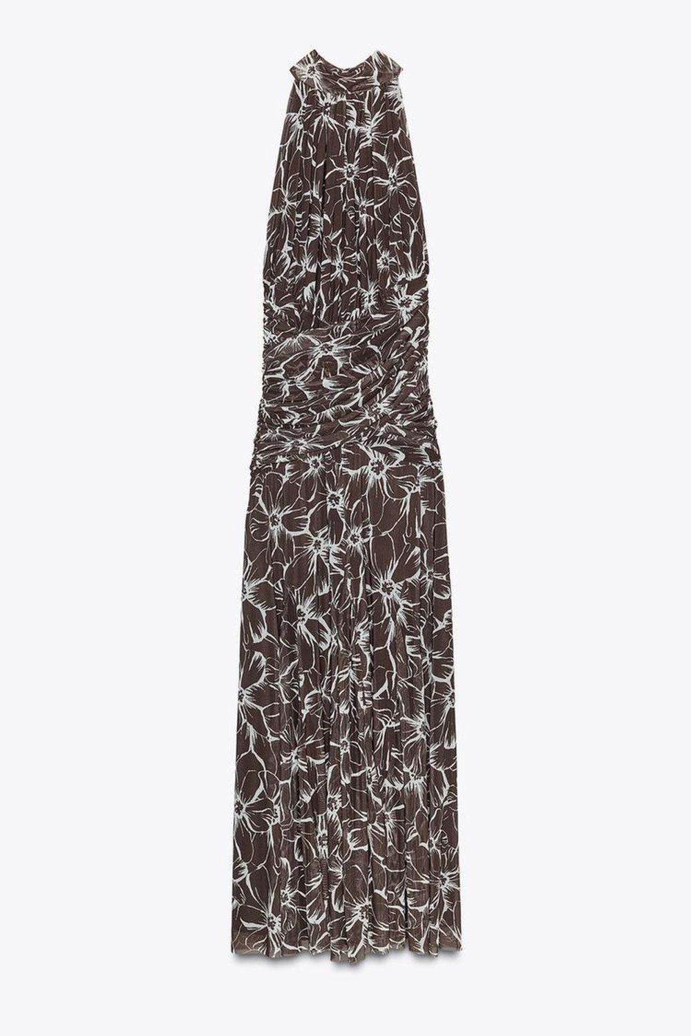 ZARA ДЛИННОЕ ПЛАТЬЕ ИЗ ТЮЛЯ С УЗОРОМ И ВОРОТНИКОМ ХАЛТЕР, КОРИЧНЕВЫЙ