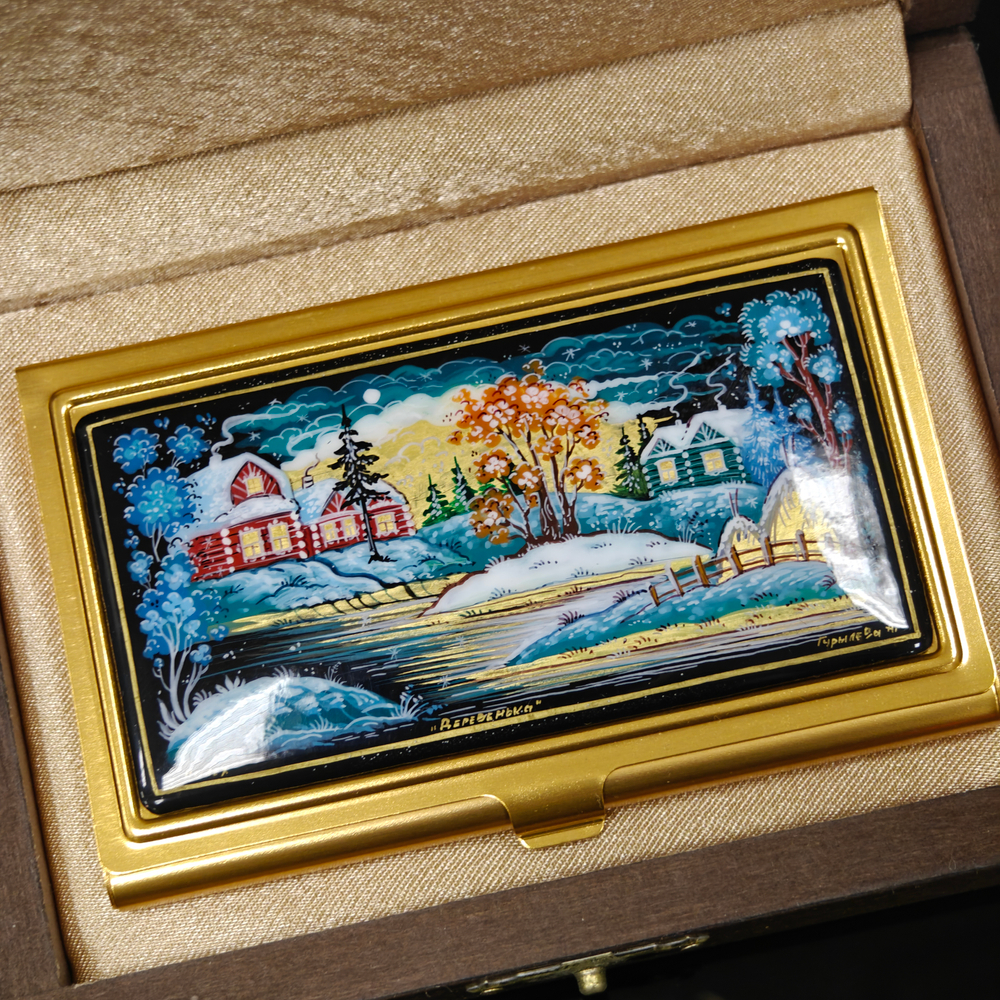 Визитница металлическая персональная "Деревенька. Зима" №2 (ручная роспись Палех)