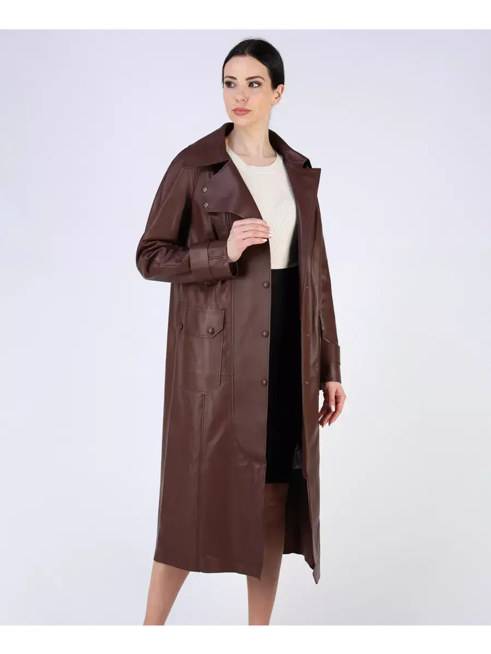 Кожаный тренч длинный с поясом плащ