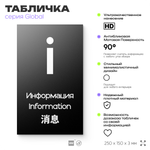 Табличка Информация, на дверь и стену, информационная и мультиязычная (русский, английский, китайский), серия GLOBAL, 25х15 см, Айдентика Технолоджи