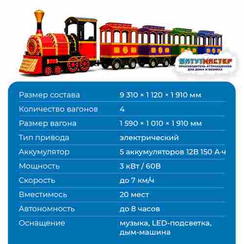Детские аттракционы паровозик «Алые огоньки», 4 вагона, 20 мест