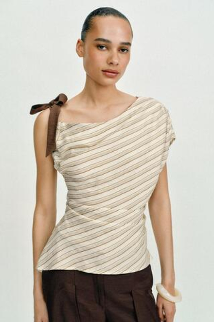 ZARA ТОП В ПОЛОСКУ С БАНТОМ, ЭКРЮ/КОРИЧНЕВЫЙ