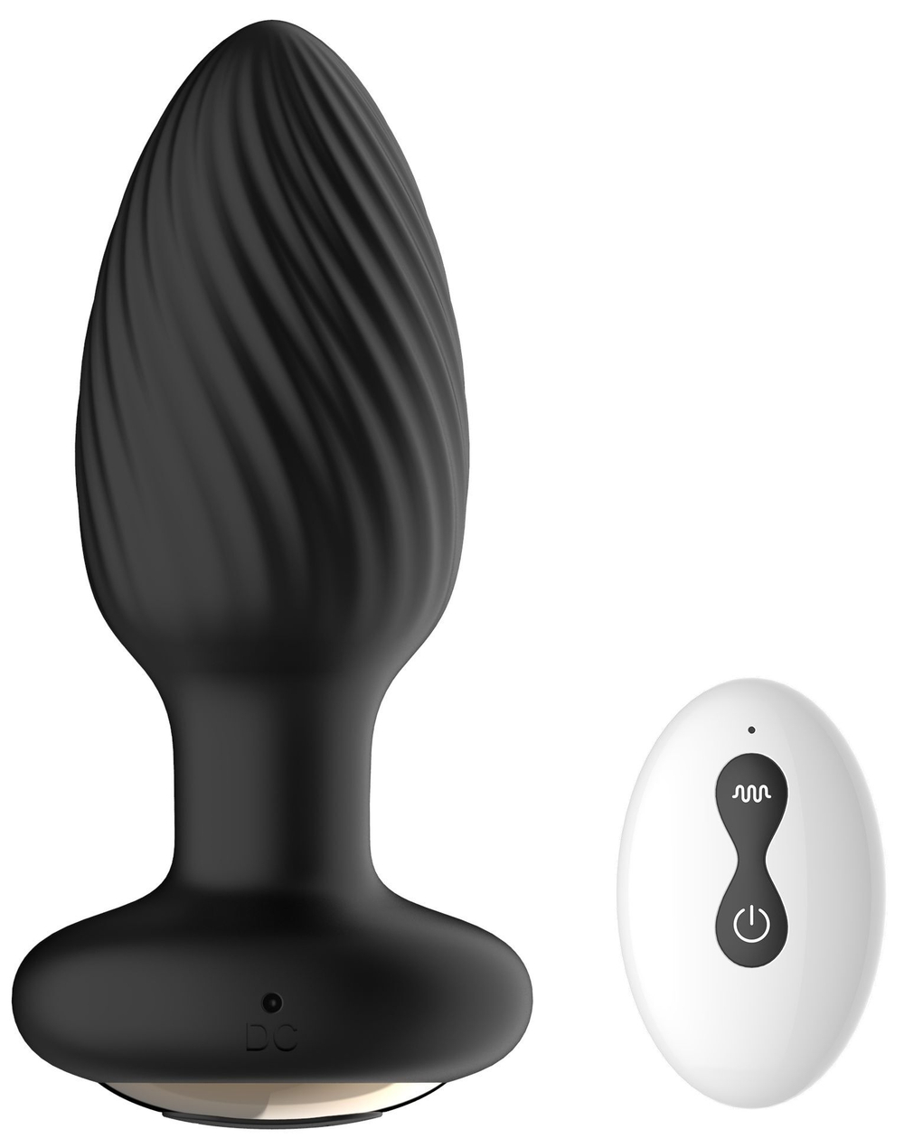 Черная анальная вибропробка с вращением и пультом ДУ