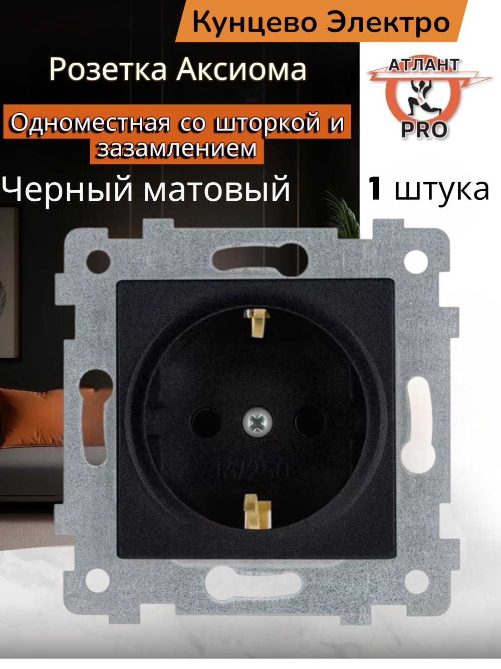 "Аксиома" Механизм розетки одноместной с з/к и шторкой скрытой установки РС16-454 антрацит