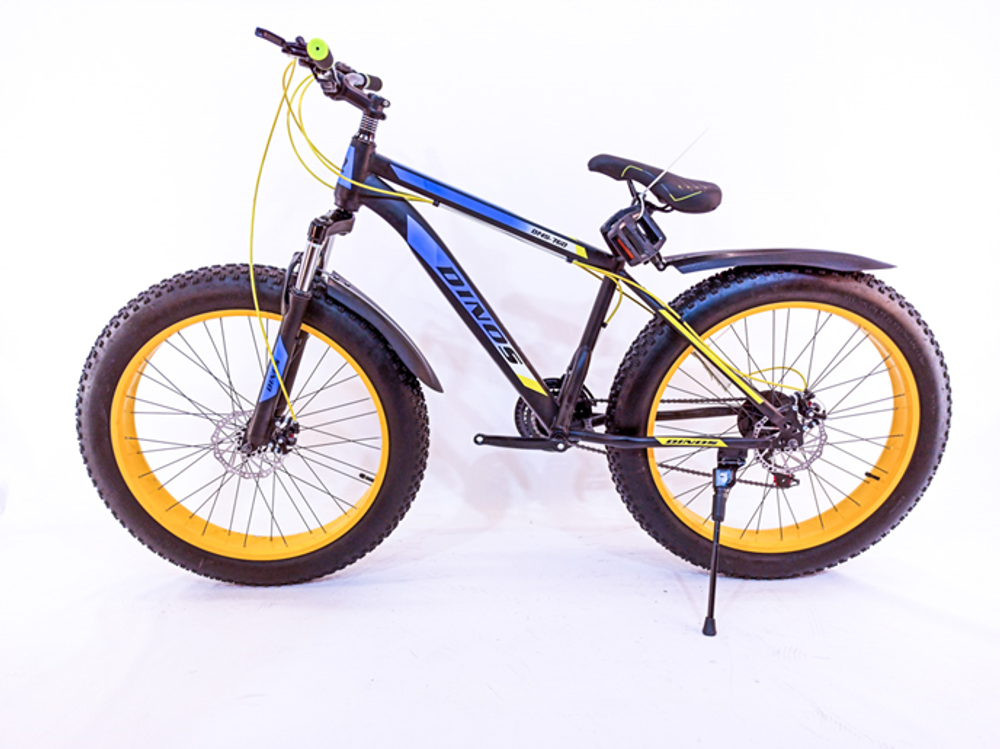 Велосипед Fatbike Dinos 26" 21скор (стальная рама, диск. тормоз) Черно-сине-желтый (DIN-22-1)
