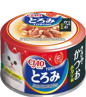 Inaba Ciao Toromi консервы для кошек, куриное филе с тунцом кацуо, морским гребешком в бульоне 80гр.