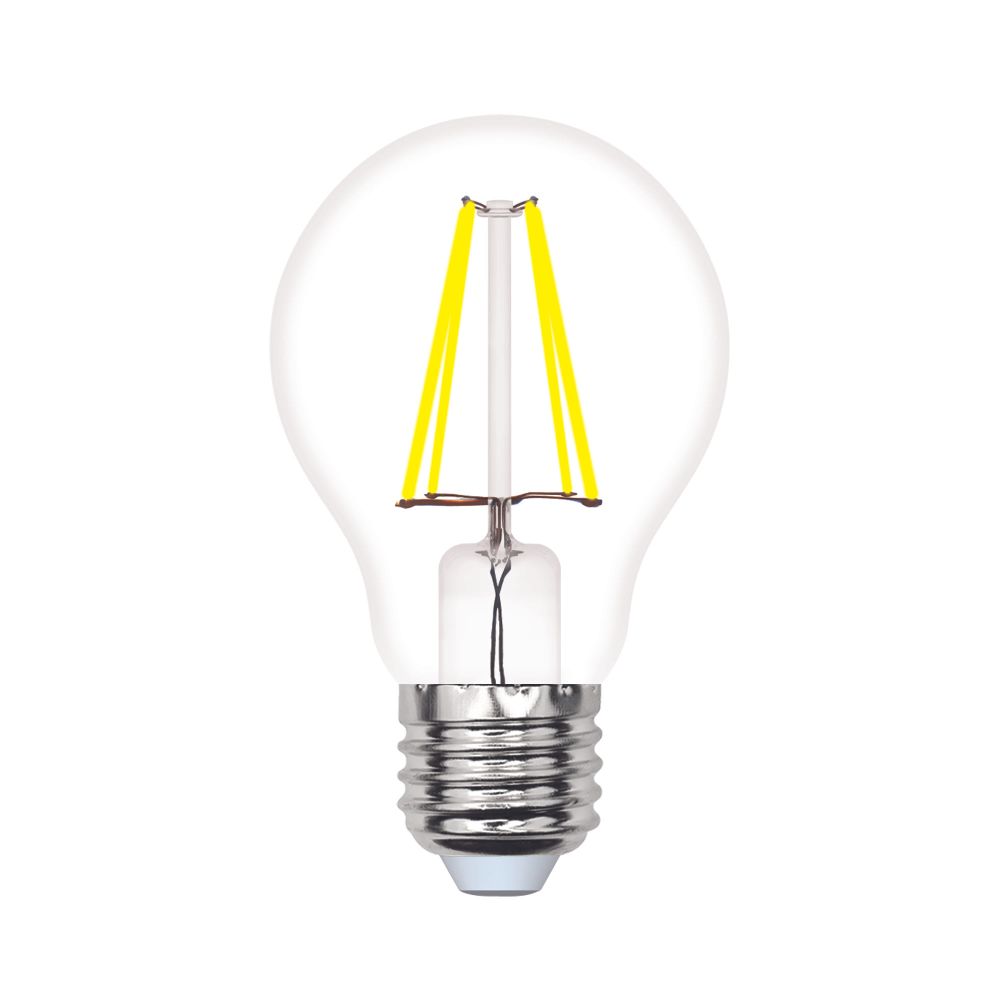 LED-A60-6W-3000K-E27-CL-SLF Лампа светодиодная. Форма A. прозрачная. Теплый белый свет 3000K. ТМ Volpe