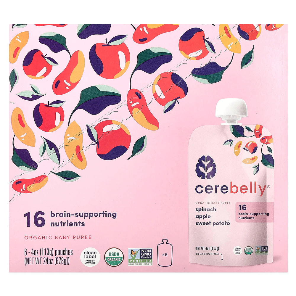 Cerebelly, Organic Baby Puree, Spinach, Apple, Sweet Potato, 6 Pouches, 4 oz (113 g) Each