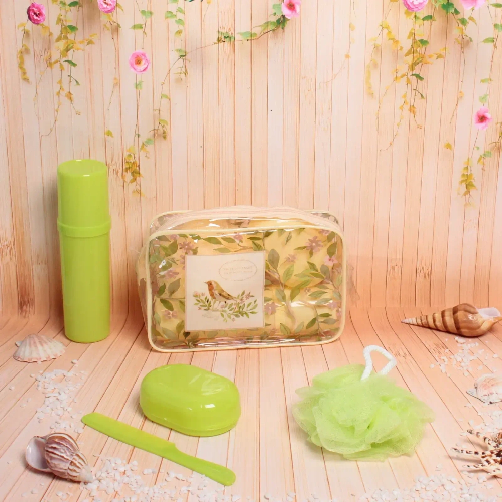 Набор банный дорожный 4шт «Traveler - Птички», микс 2 цв., (мочалка, футляр 2шт, расческа), 21,5*14*7см