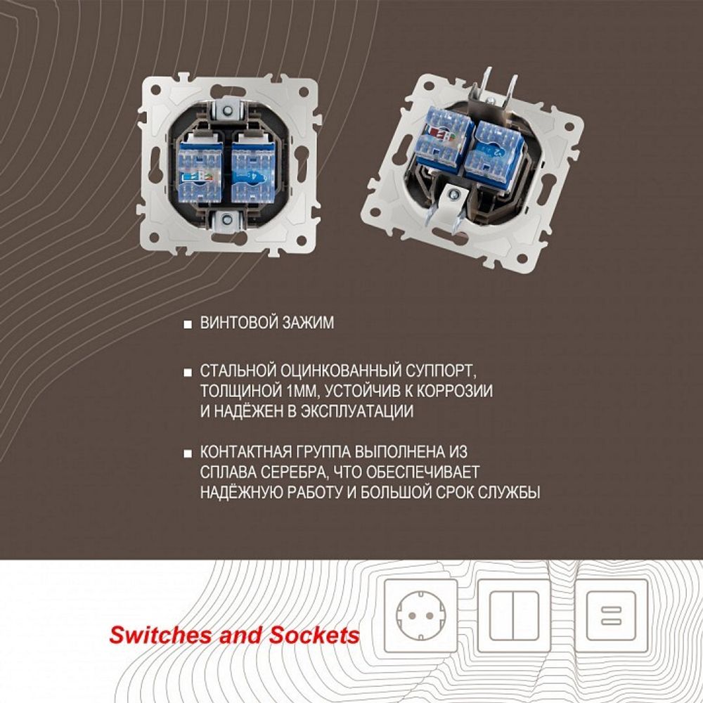 Розетка двойная RJ-11 и Ethernet RJ-45, без рамки Arte Milano am-203 203.44-1.shampan