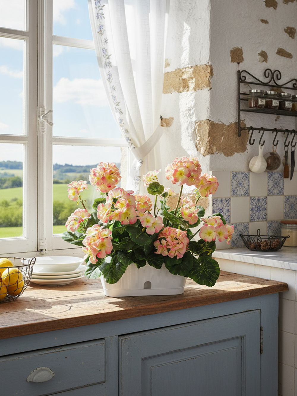 Искусственные цветы Герань персиковая 40см в балконном ящике