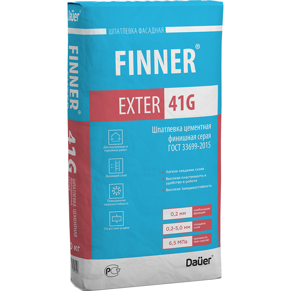 Шпатлевка цементная финишная Dauer Finner Exter 41 G серая 20 кг