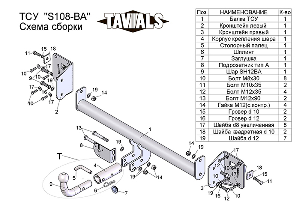 Фаркоп(прицепное) Tavials для SKODA OCTAVIA 3 (5E3) (хетчбек) 2013 - ... г.в. (С БЫСТРОСЪЕМНЫМ ШАРОМ)(паспорт и сертификат в комплекте)(без электрики)T-S108-BA