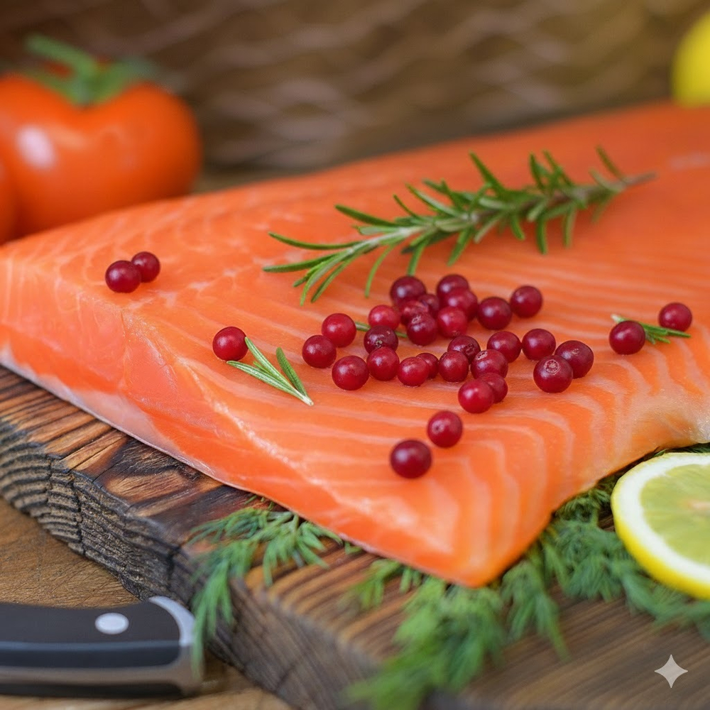 Филе форели слабой соли с брусникой и розмарином с фермы, Ладожское озеро (~500г)