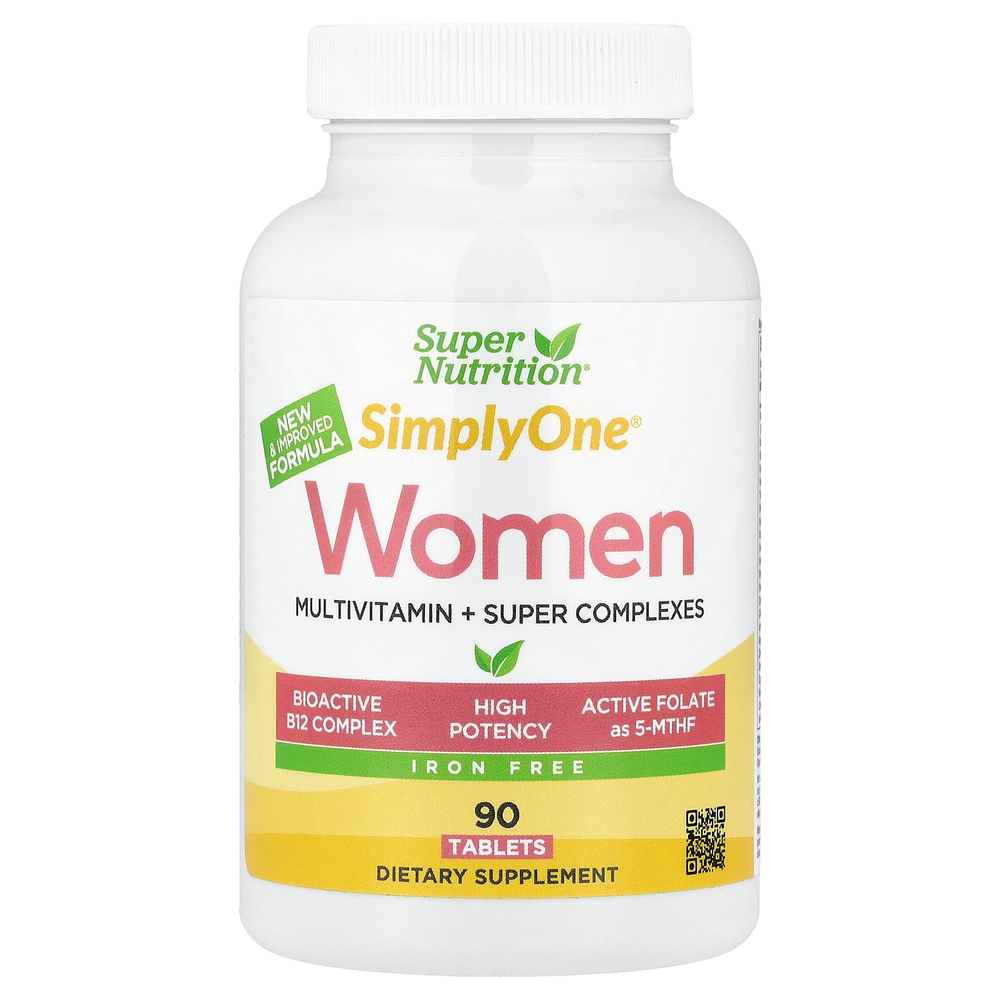 Super Nutrition, Simply One®, мультивитамины с суперкомплексами для женщин, без железа, 90 таблеток