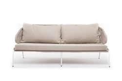 "Милан" диван 3-местный плетеный из роупа, каркас алюминий белый муар, роуп бежевый круглый, ткань бежевая 052