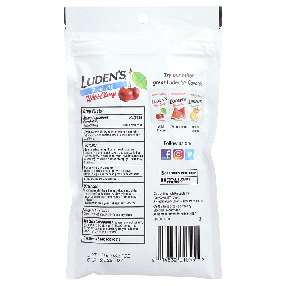 Luden's, пектиновая пастилка/смягчающее средство для полости рта, без сахара, дикая вишня, 25 капель для горла
