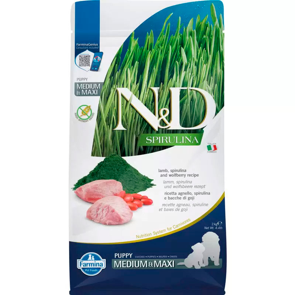 Сухой корм N&D Spirulina Lamb&Wolfberry Puppy Medium&Maxi ягненок и ягоды годжи 2кг для щенков