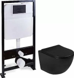 Унитаз подвесной SantiLine SL-5018MB+SL-03 безободковый, с инсталляцией, с крышкой микролифт, черный матовый/кнопка черная матовая