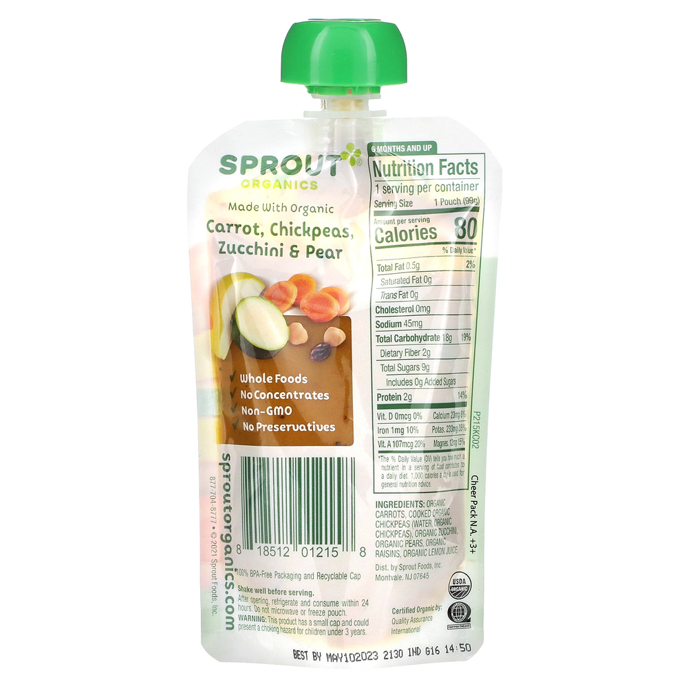 Sprout Organics, Детское питание, этап 2, морковь, нут, цуккини и груша, 99 г