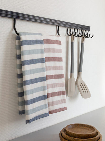 Набор кухонных полотенец 2шт DeNASTIA махра/лён полоска 330gsm 34x70, хлопок, белый/голубой, белый/р