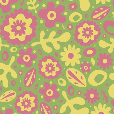 Яркие весенние цветы в стиле 60-х на зелёном фоне