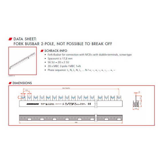 Гребенчатая шина вилочная 2-полюсная 16кв.мм. 80А 1м. (56 модулей) Schrack Technik BS900112--