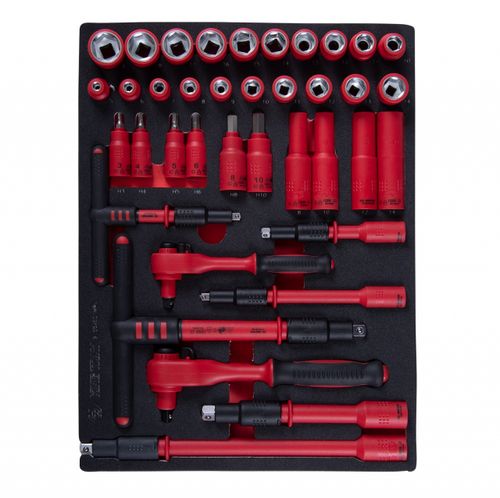 KING TONY (9-55VE01MRV) Набор торцевых диэлектрических головок с принадлежностями 1/4", 3/8", шестигранные, 5-19 мм, ложемент, 38 предметов