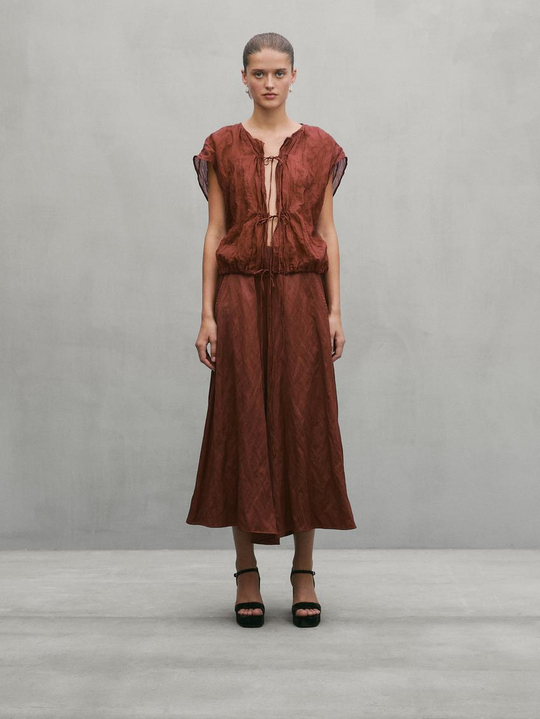 Massimo Dutti Рубашка из смесового хлопка на шнуровке - Studio, коричневатый