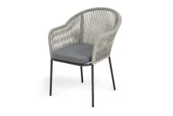 "Лион" стул плетеный из роупа, каркас из стали темно-серый (RAL7024) муар, роуп серый меланж круглый, ткань серая 017