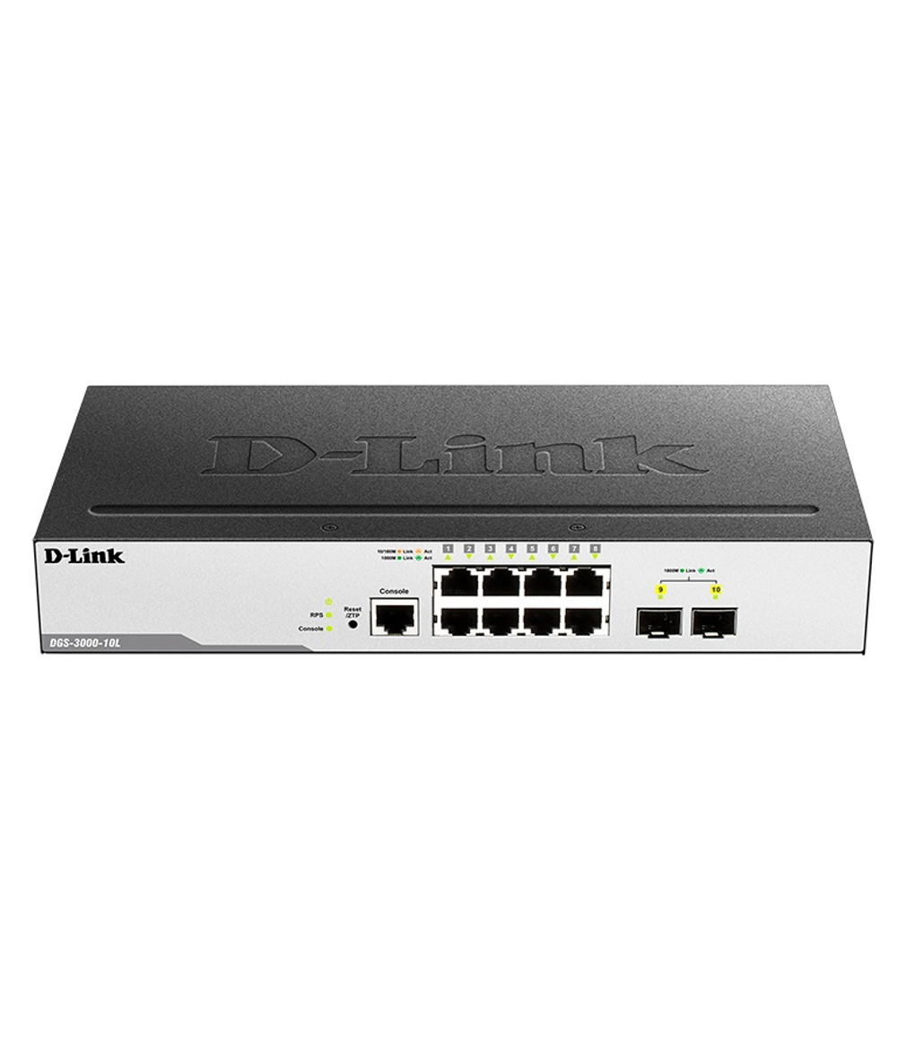 D-Link Managed L2 Switch 8x1000Base-T, 2x1000Base-X SFP, Surge 6KV, CLI, RJ45 Console, RPS, Dying Gasp