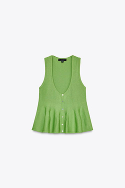 ZARA ТРИКОТАЖНЫЙ ТОП С БАСКОЙ, СВЕТЛО-ЗЕЛЕНЫЙ