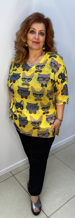 Желтая туника с кошечками в очках